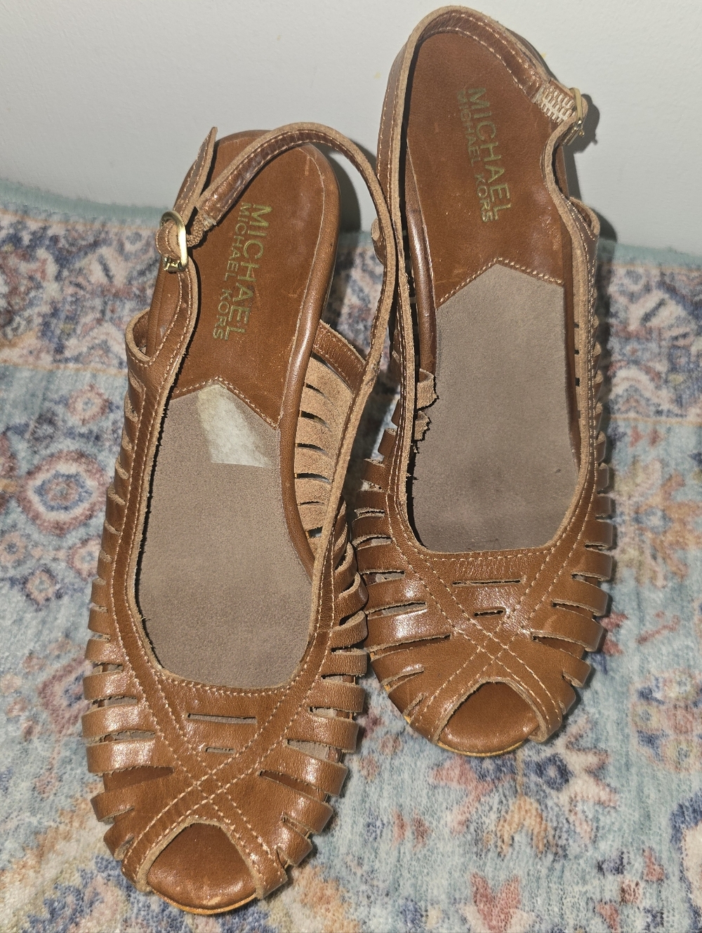 Michael Kors Women's Brown Leather Peep-Toe Slingback Flats Size 7